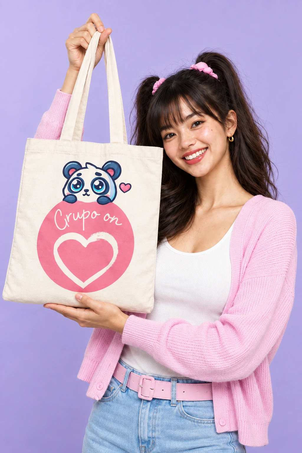 Creadora con una bolsa de Grupo on y el panda de la marca